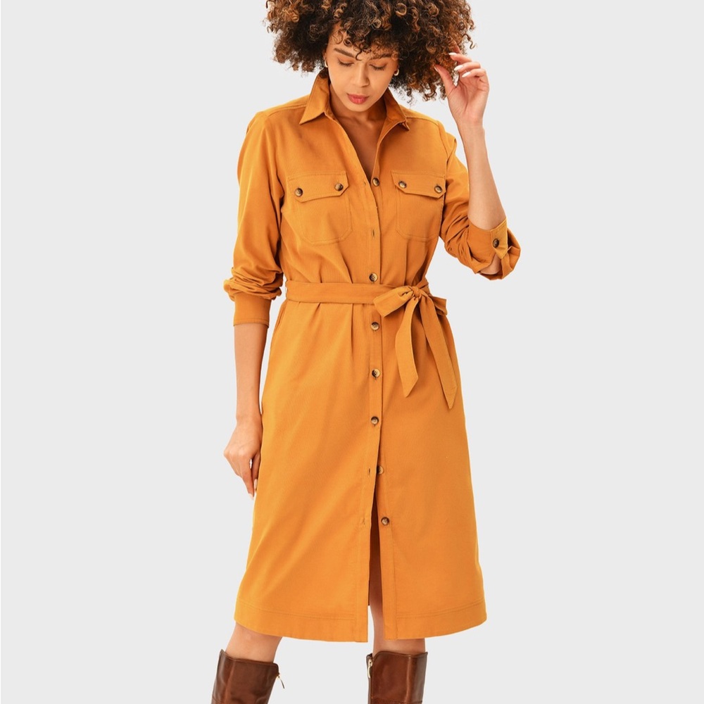 eshakti Mustard Button-Front Shirt Dress with Tie Waist